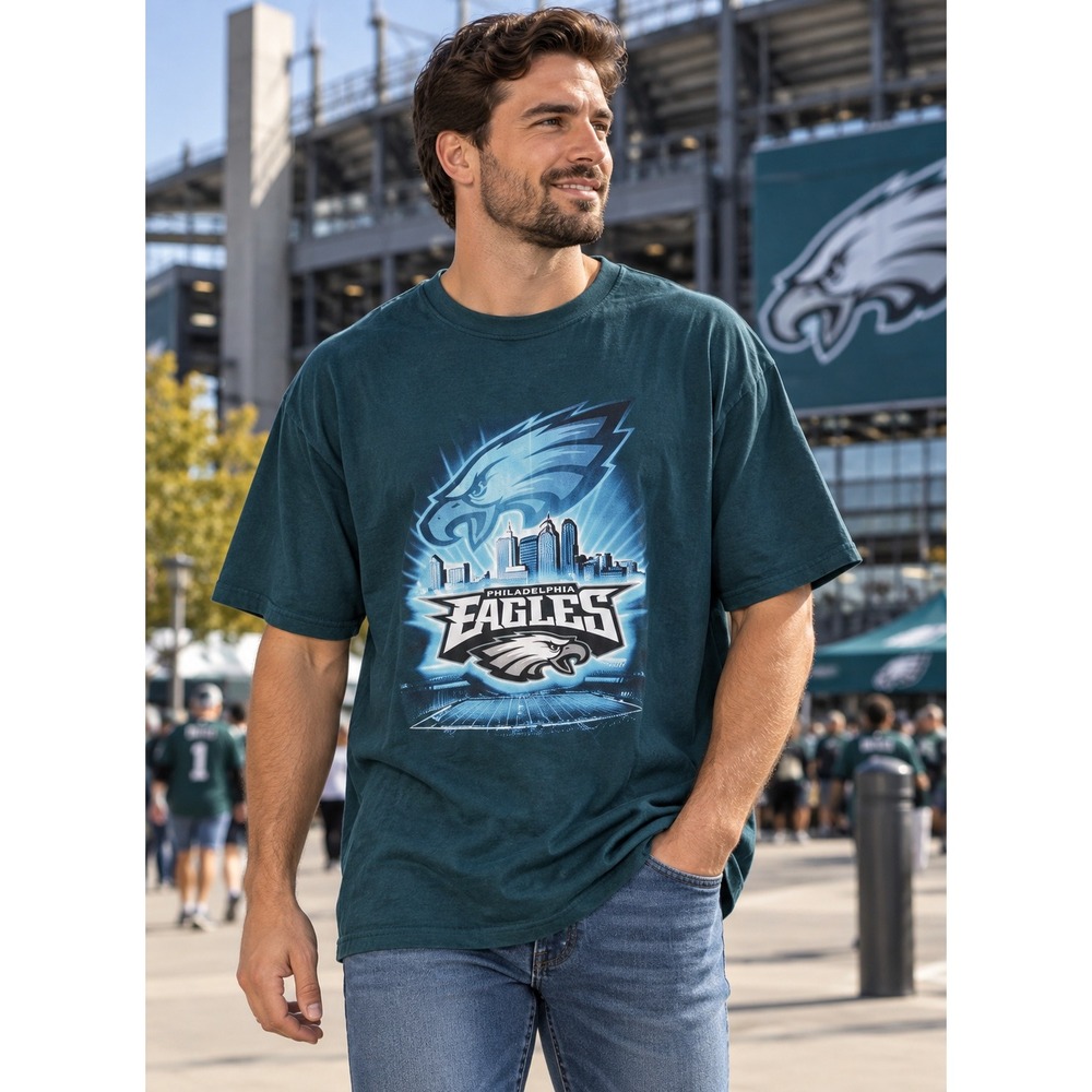 Philadelphia Eagles Graphic Tee Mens XL Teal NFL Sporty Streetwear Skyline